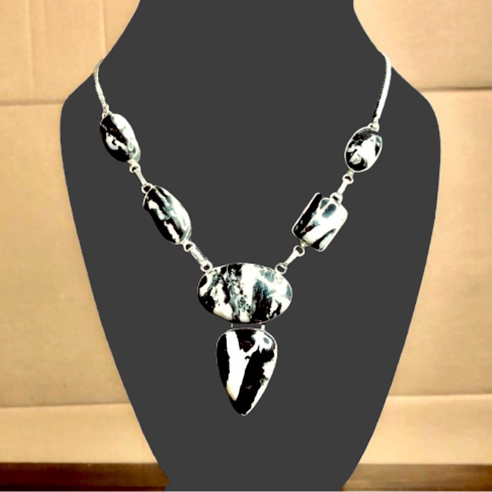 Sterling Silver Old Southwest White Buffalo Turquoise Cabochon Link Necklace 925